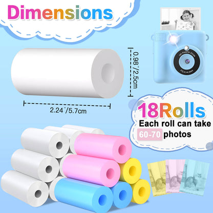 18 Rolls Kids Camera Paper Roll Refill Compatible with Most Instant Print Cameras for Kids BPA Free （2.24"x0.98" ）